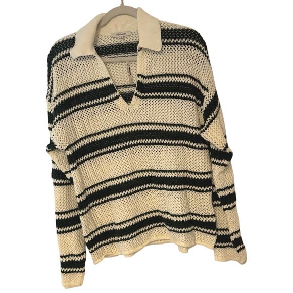 NWT Madewell Open-Stitch Johnny Collar Sweater In Summit Green Stripe Size Large - Picture 3 of 6